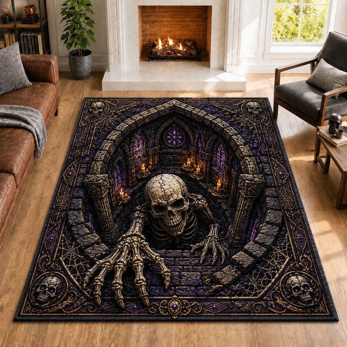 Gothic Skull Chamber area rug in a living room
