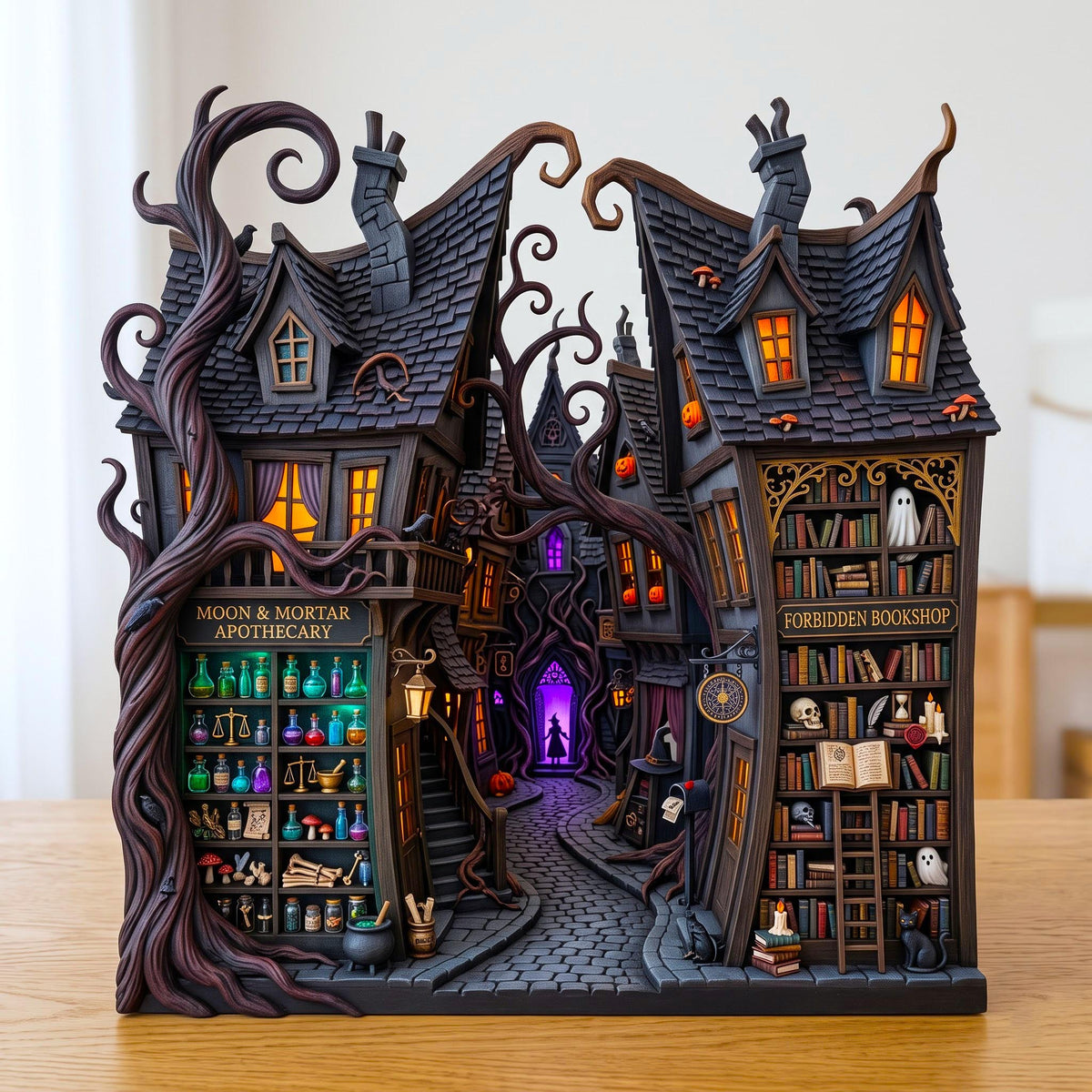 Gothic Witch Village wooden block, laser-cut 3-layer wood