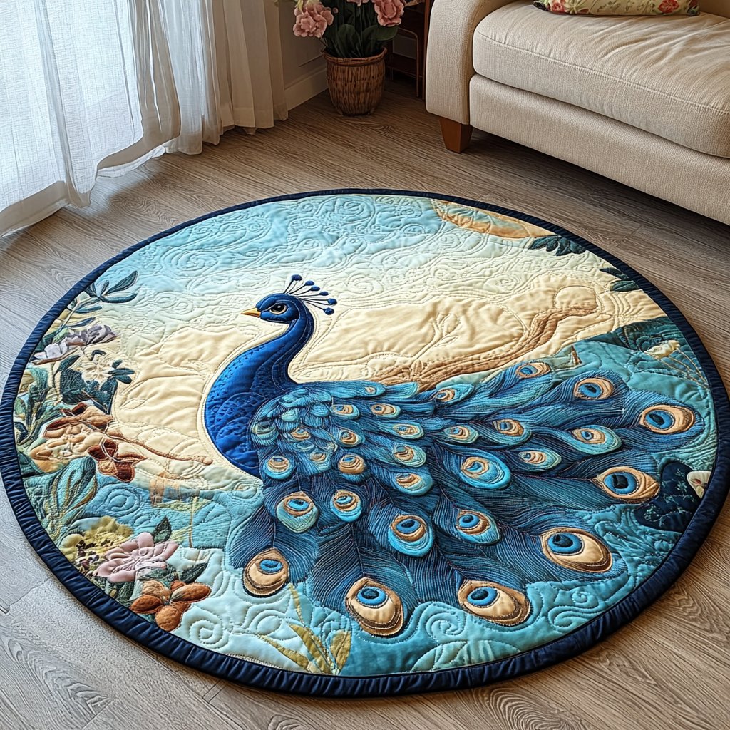 Graceful Peacock Round Mat Rug - washable non-slip printed rug