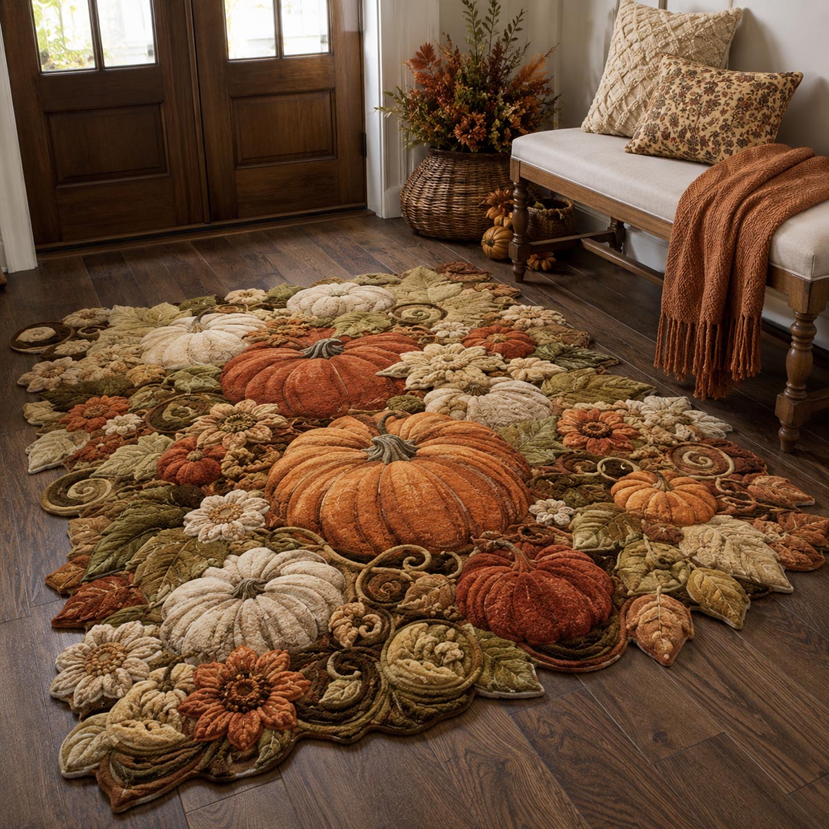 Grand Harvest Pumpkin Patch Custom Shape Area Rug - Seasonal Design | Die-Cut Non-Slip Rug - washable non-slip printed rug