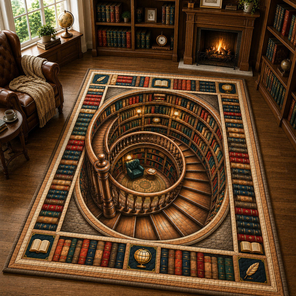 Grand Spiral Library Staircase area rug in a living room