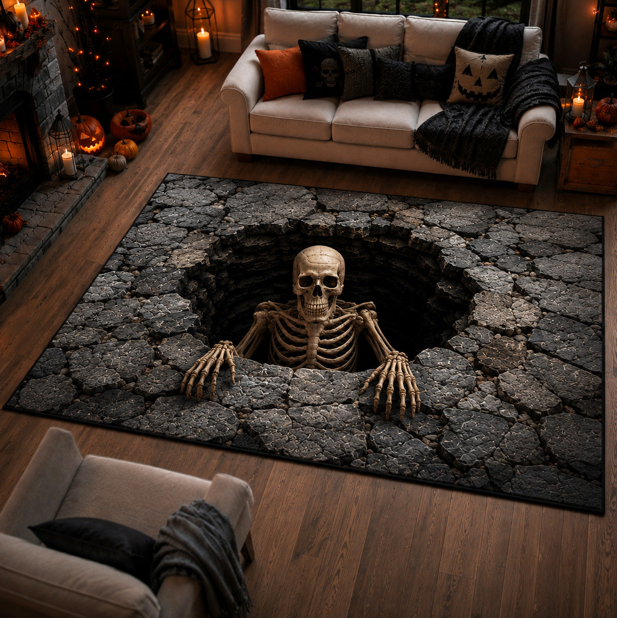 Grave Escape area rug in a living room