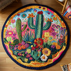 Green Succulent Sanctuary Round Mat Rug - washable non-slip printed rug