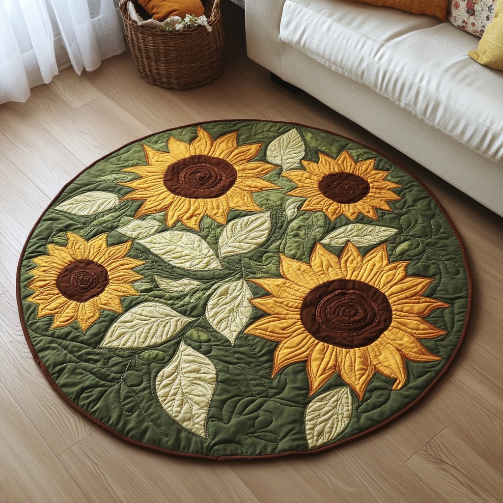 Green Sunflower Leaves Round Mat Rug - washable non-slip printed rug