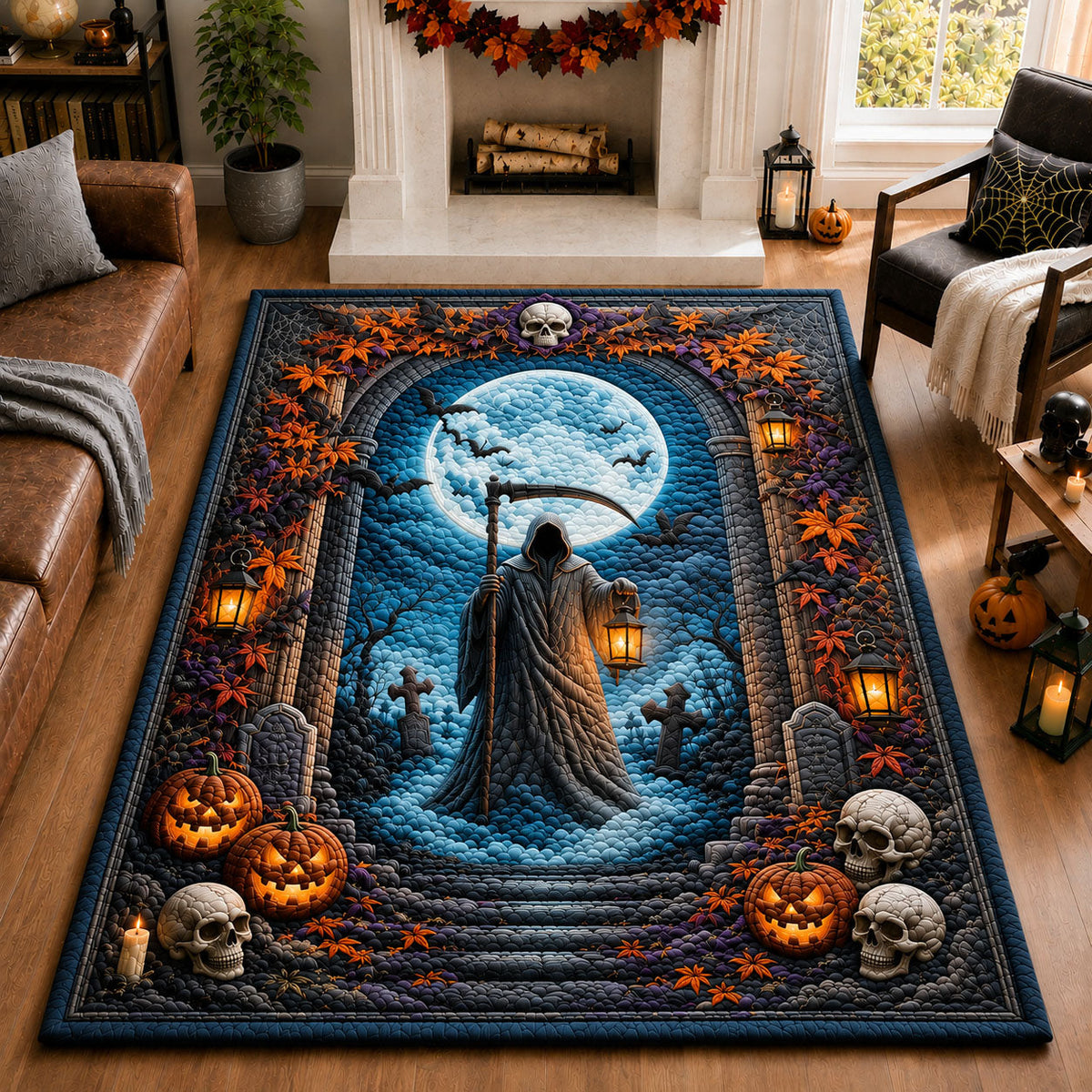 Grim Reaper Moonlight Halloween area rug in a living room