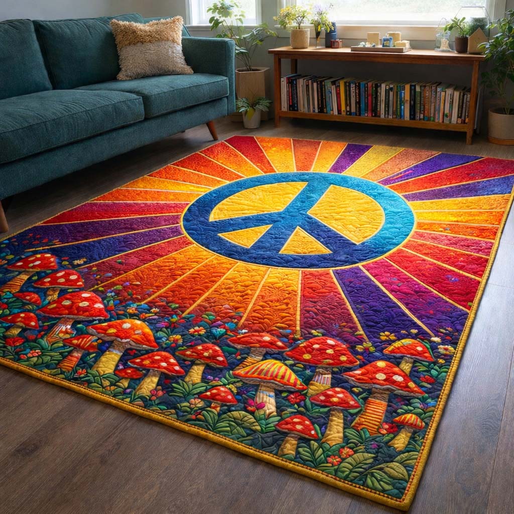 Groovy Mushroom Peace area rug in a living room