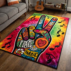 Groovy Peace Hand area rug in a living room