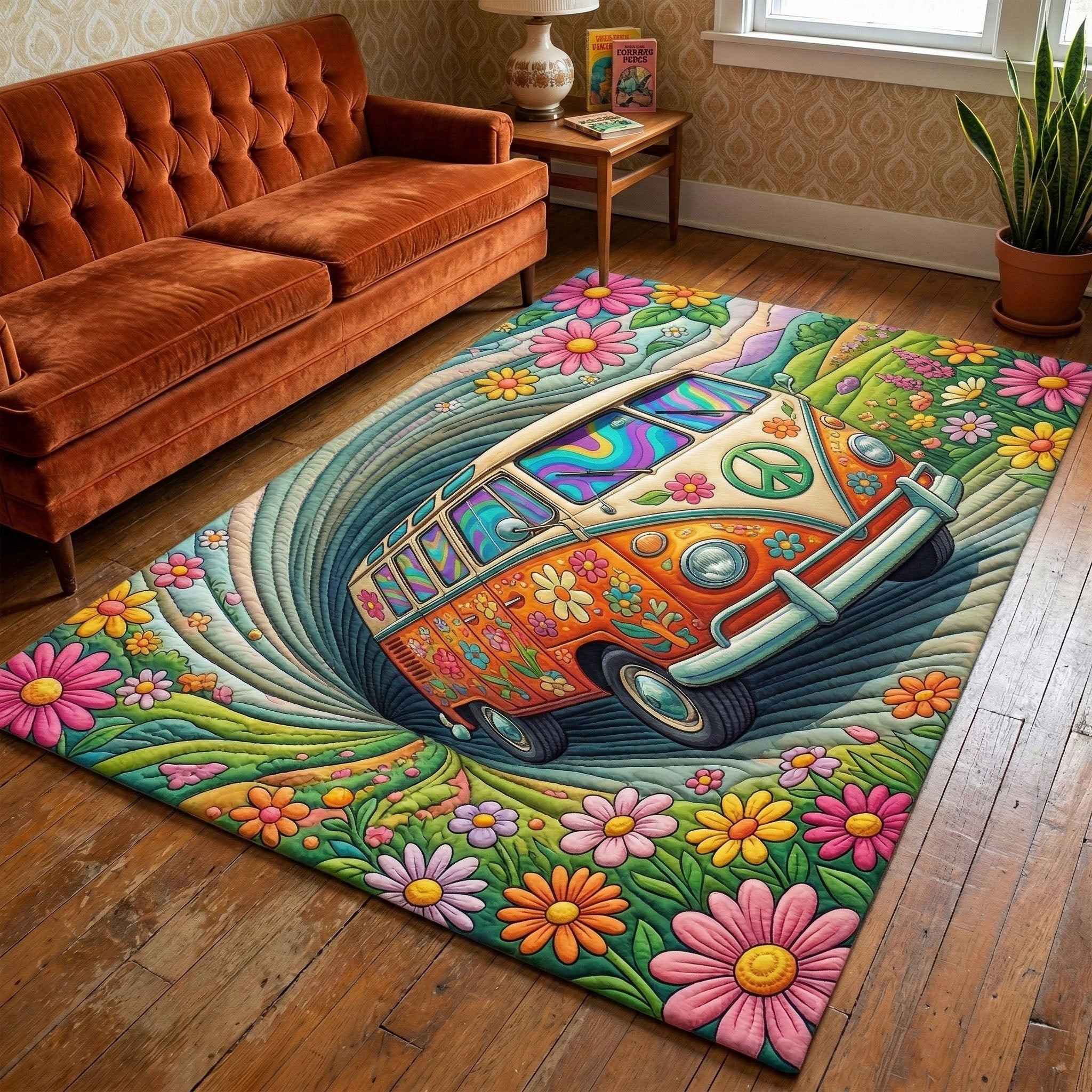 Groovy Tunnel area rug in a living room