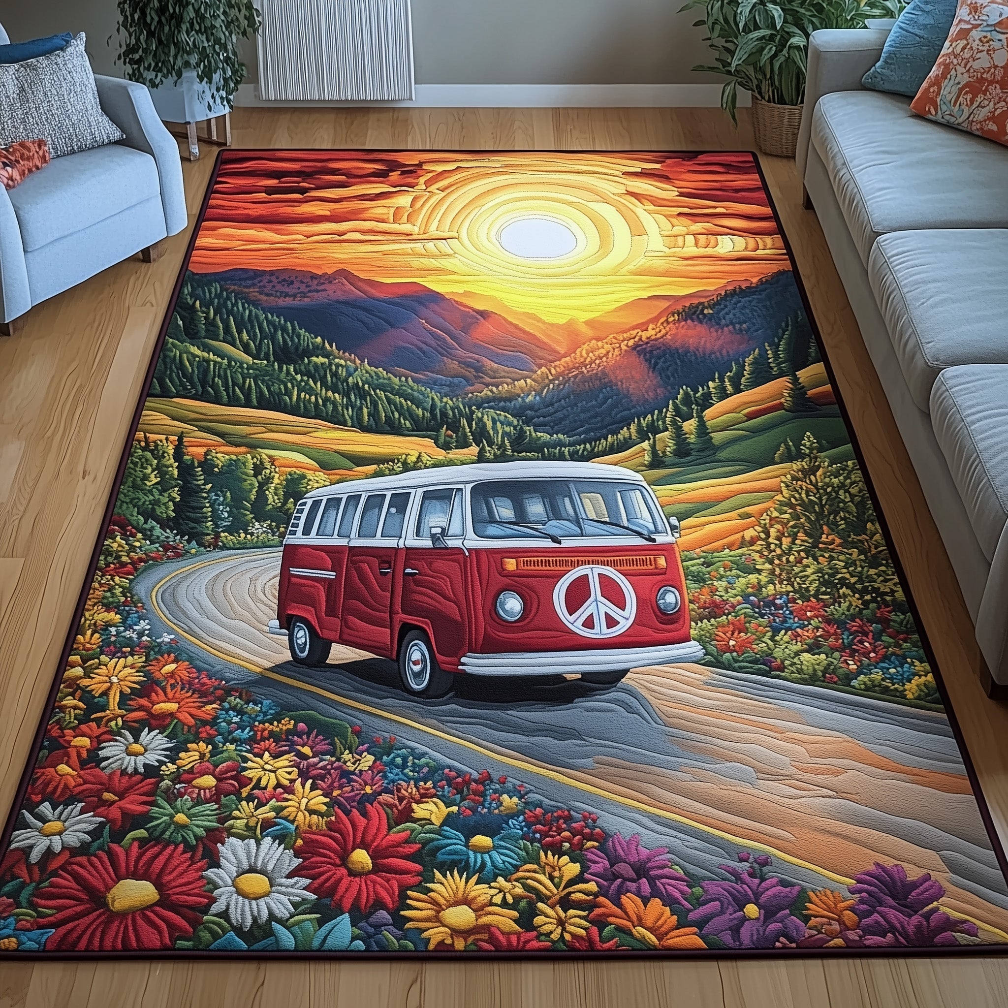 Groovy Vibes area rug in a living room