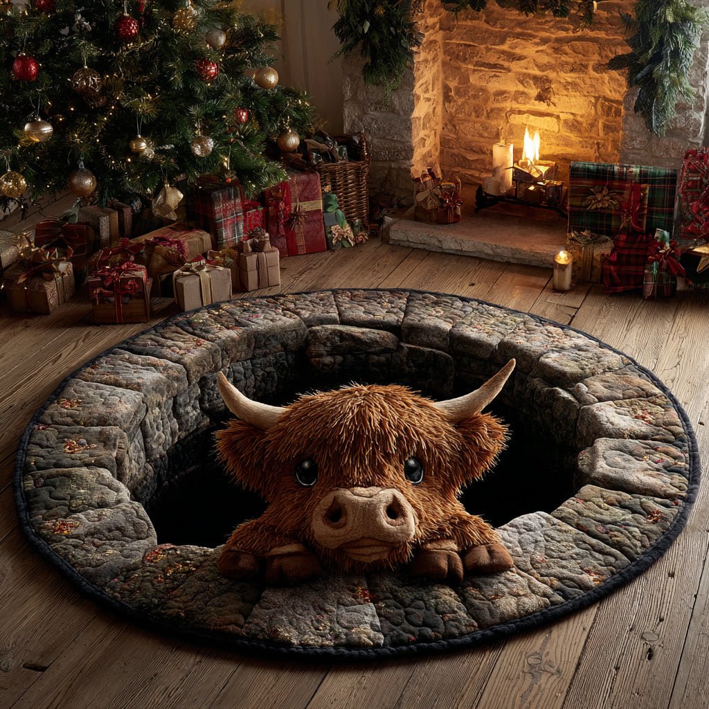 Grotto Highland Cow Round Mat Rug - washable non-slip printed rug
