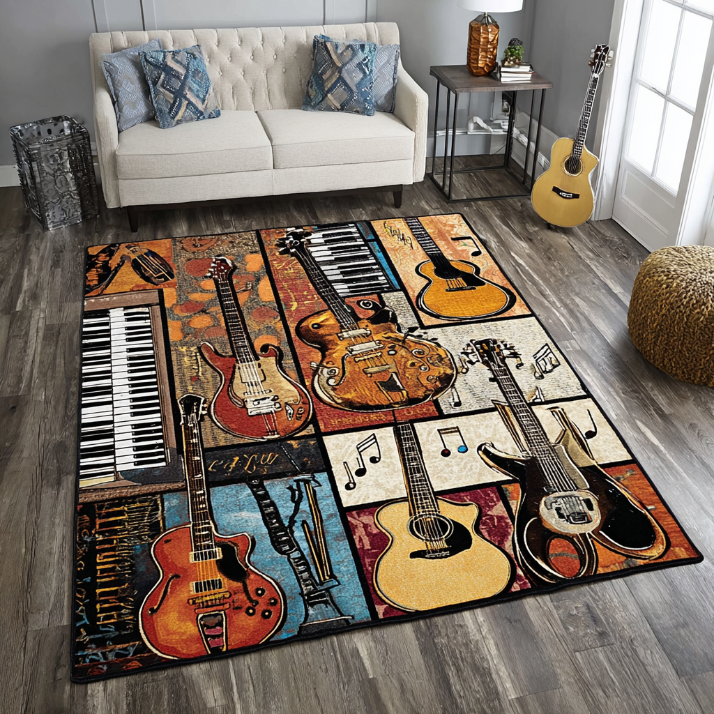 Guitar Echo area rug in a living room