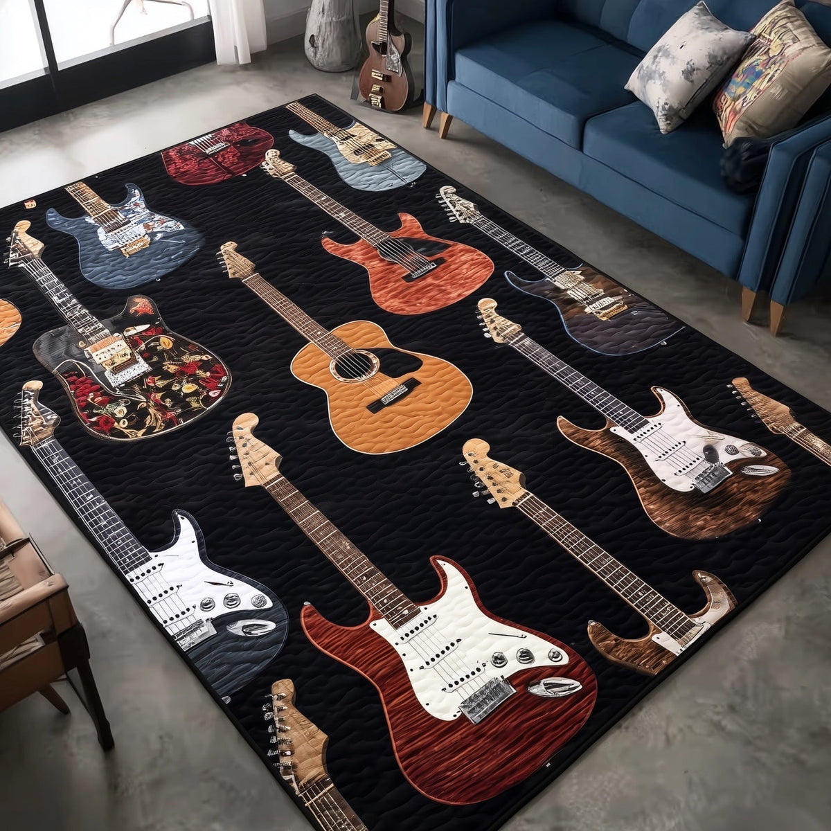Guitar Harmony area rug in a living room