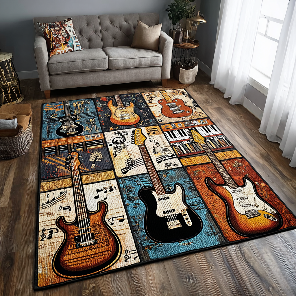 Guitar Harmony area rug in a living room