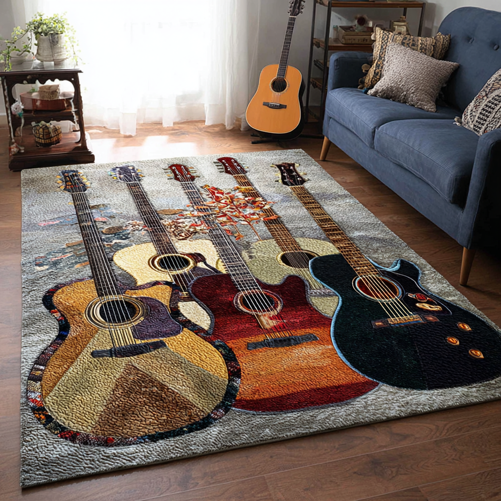 Guitar Waves area rug in a living room