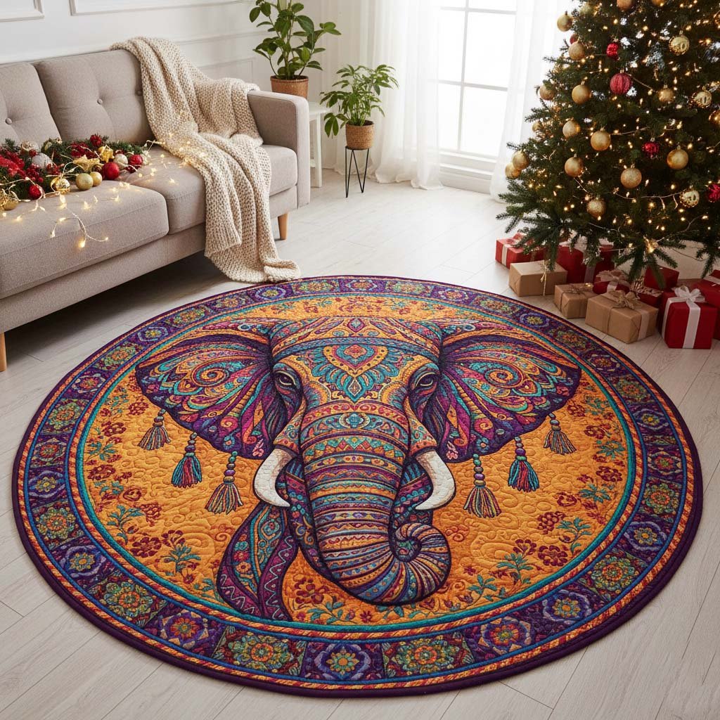 Gypsy Elephant Round Mat Rug - washable non-slip printed rug