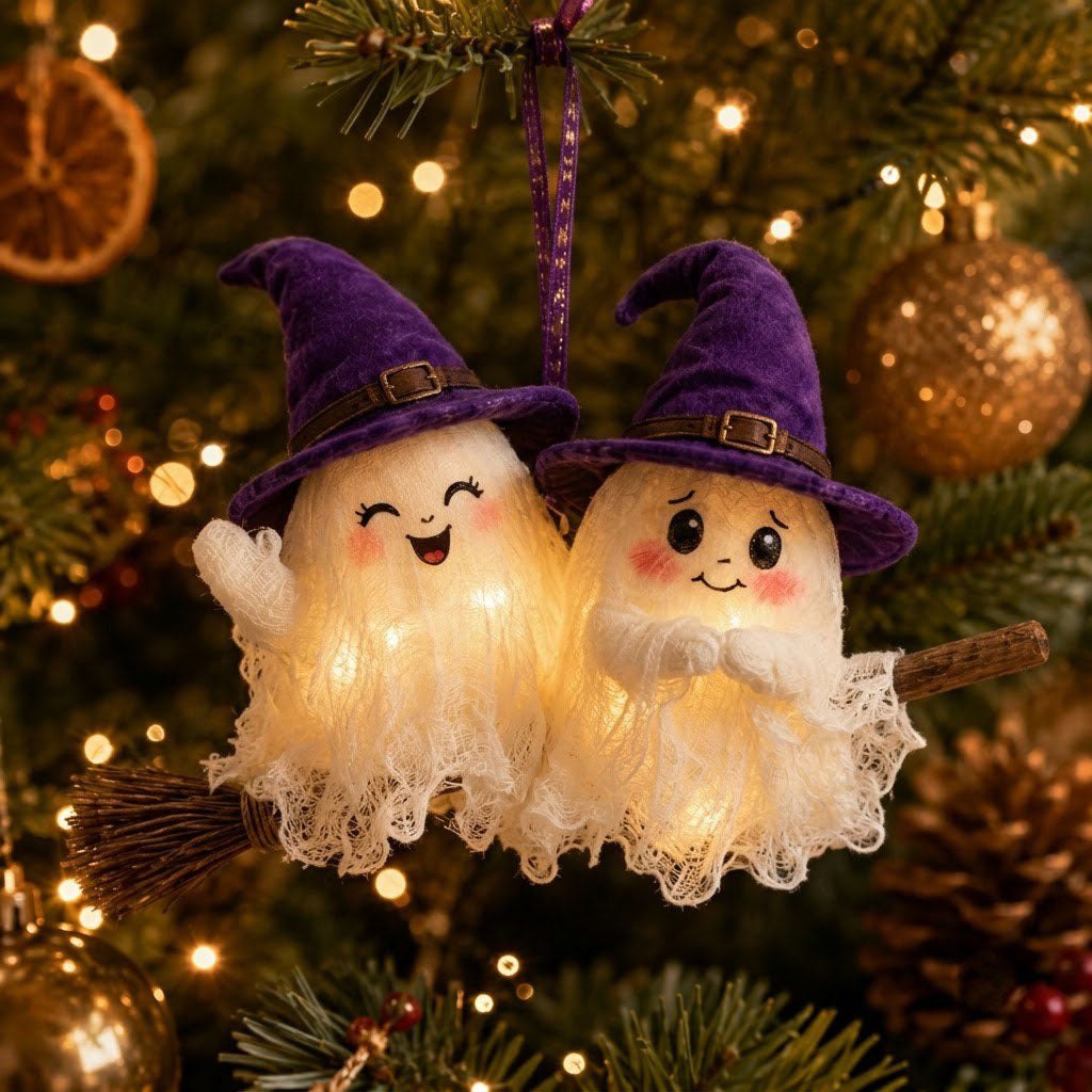 Ghost Couple On Broomstick Christmas Ornament