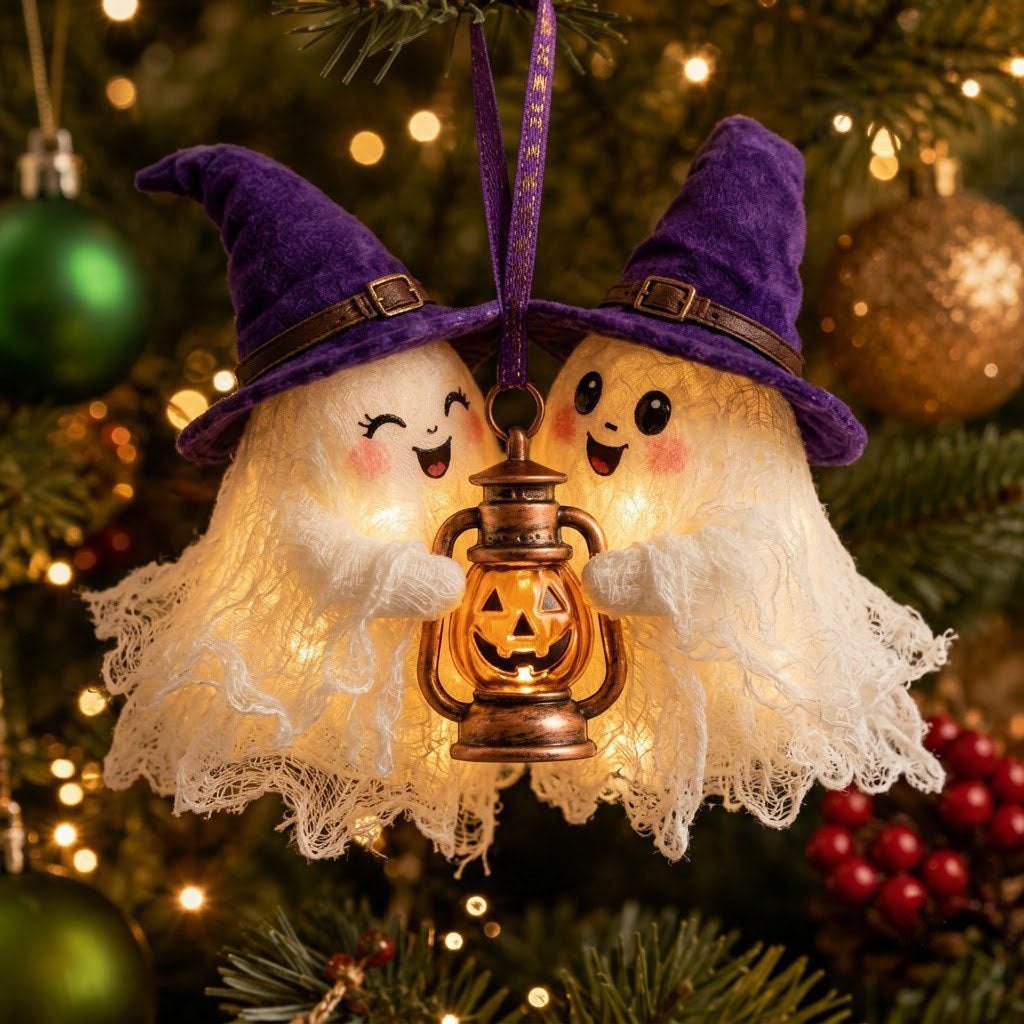 Ghost Couple With Pumpkin Lantern Christmas Ornament