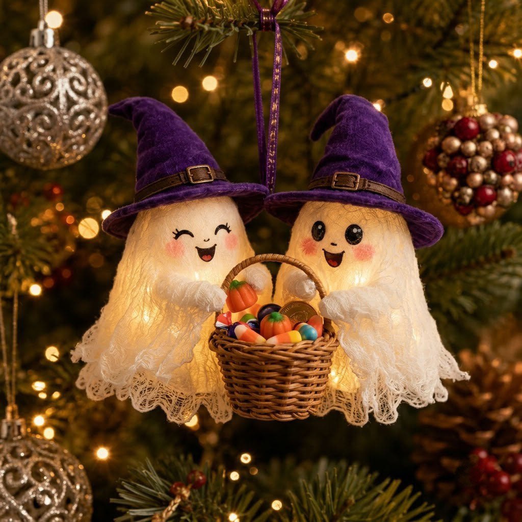 Ghost Couple Candy Basket Christmas Ornament