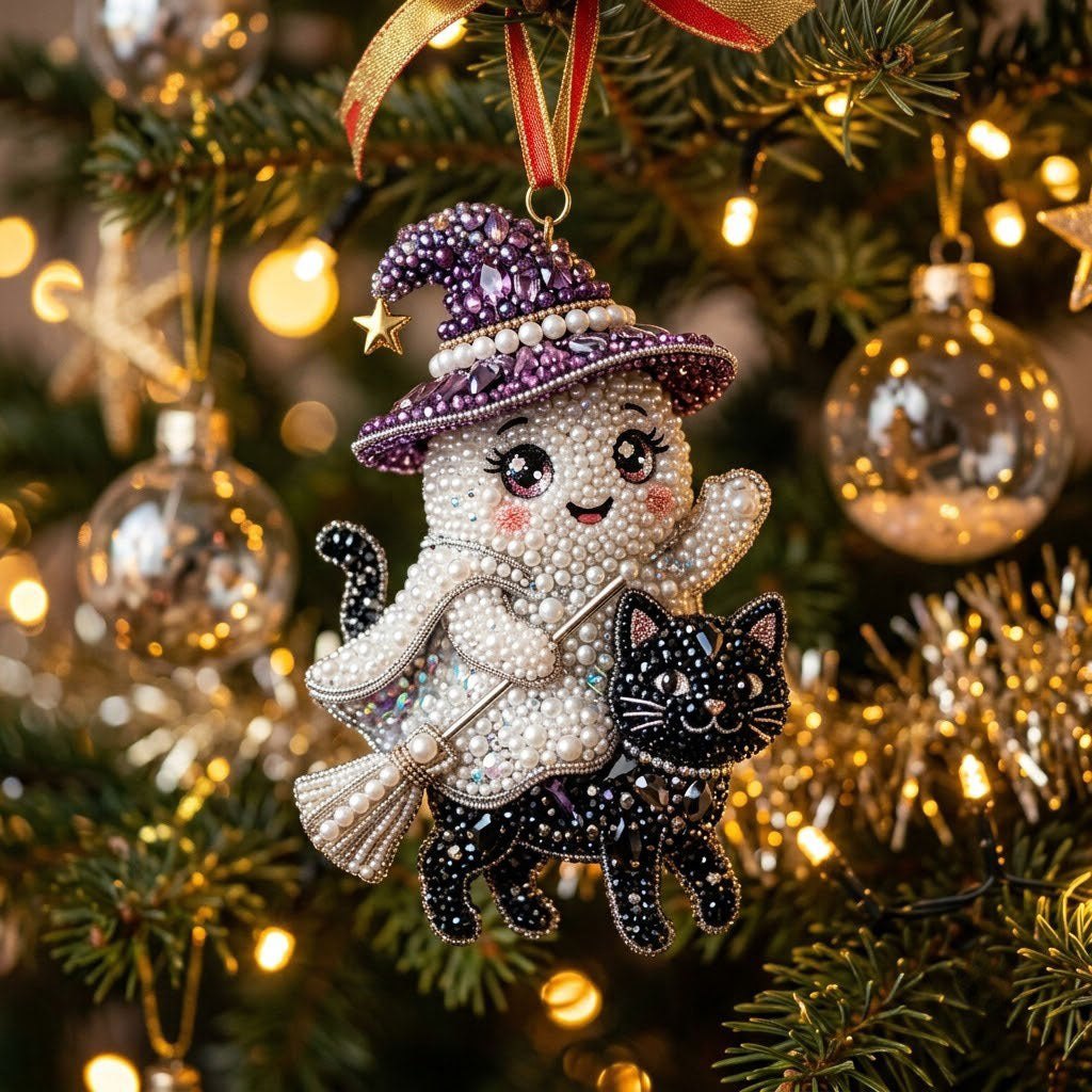 Beaded Ghost And Black Cat Christmas Ornament