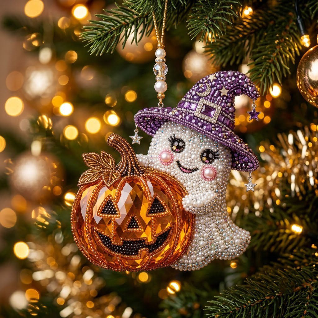 Beaded Ghost With Pumpkin Christmas Ornament