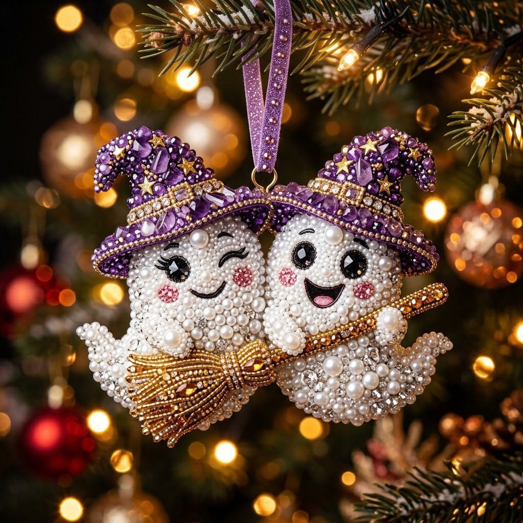 Beaded Ghost Pair On Broom Christmas Ornament