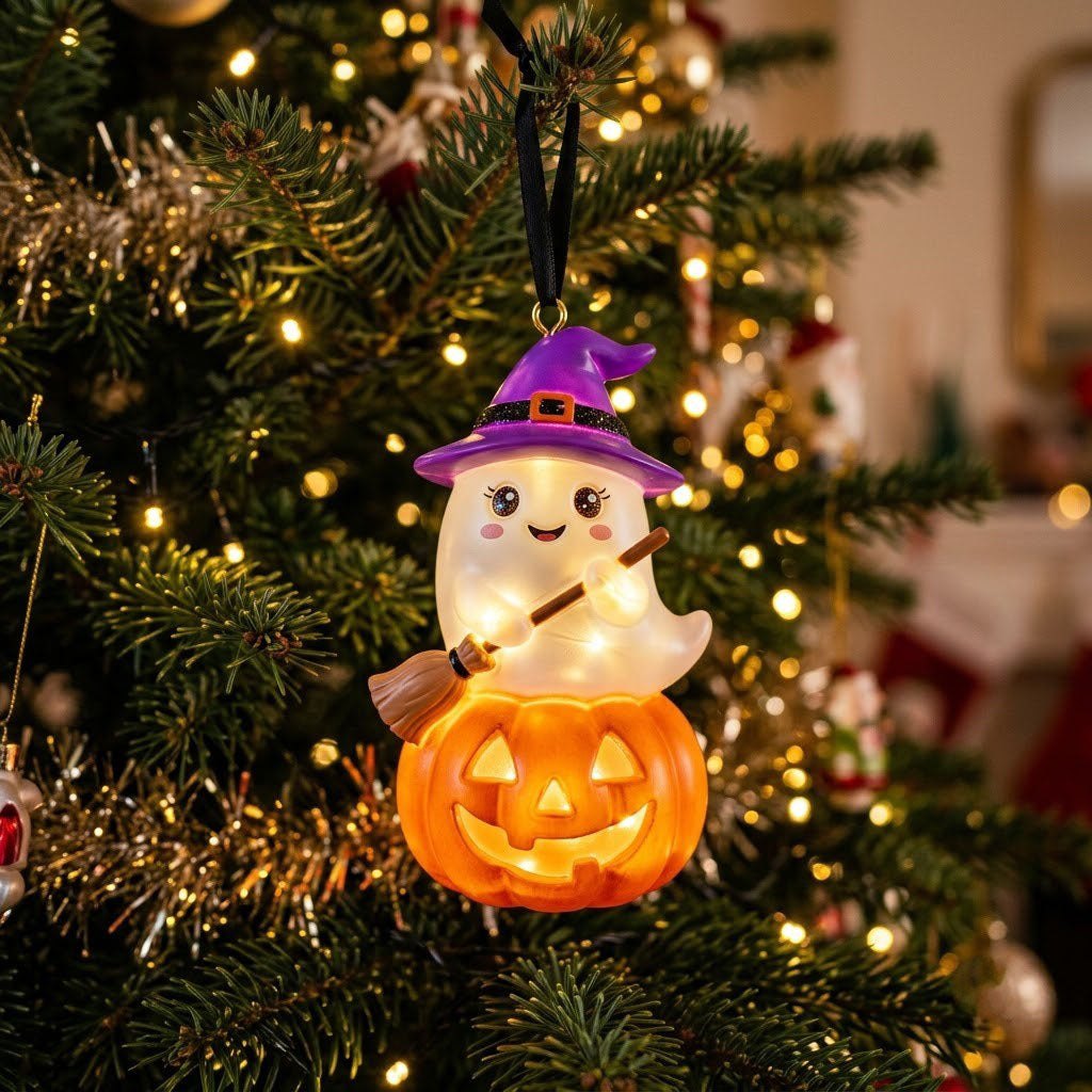 Glowing Ghost On Pumpkin Christmas Ornament