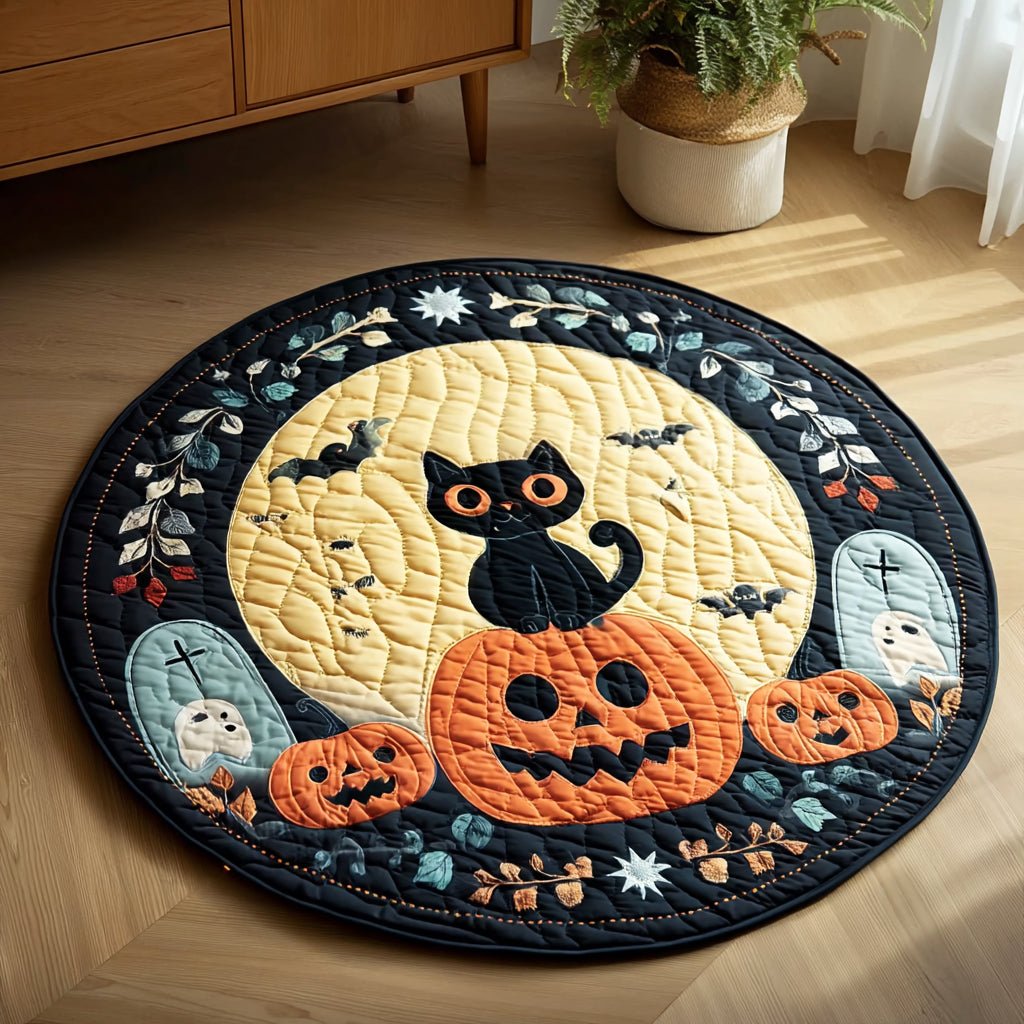 Halloween Black Cat Graveyard Round Mat Rug - Cute Pet Design | Animal Printed Home Decor