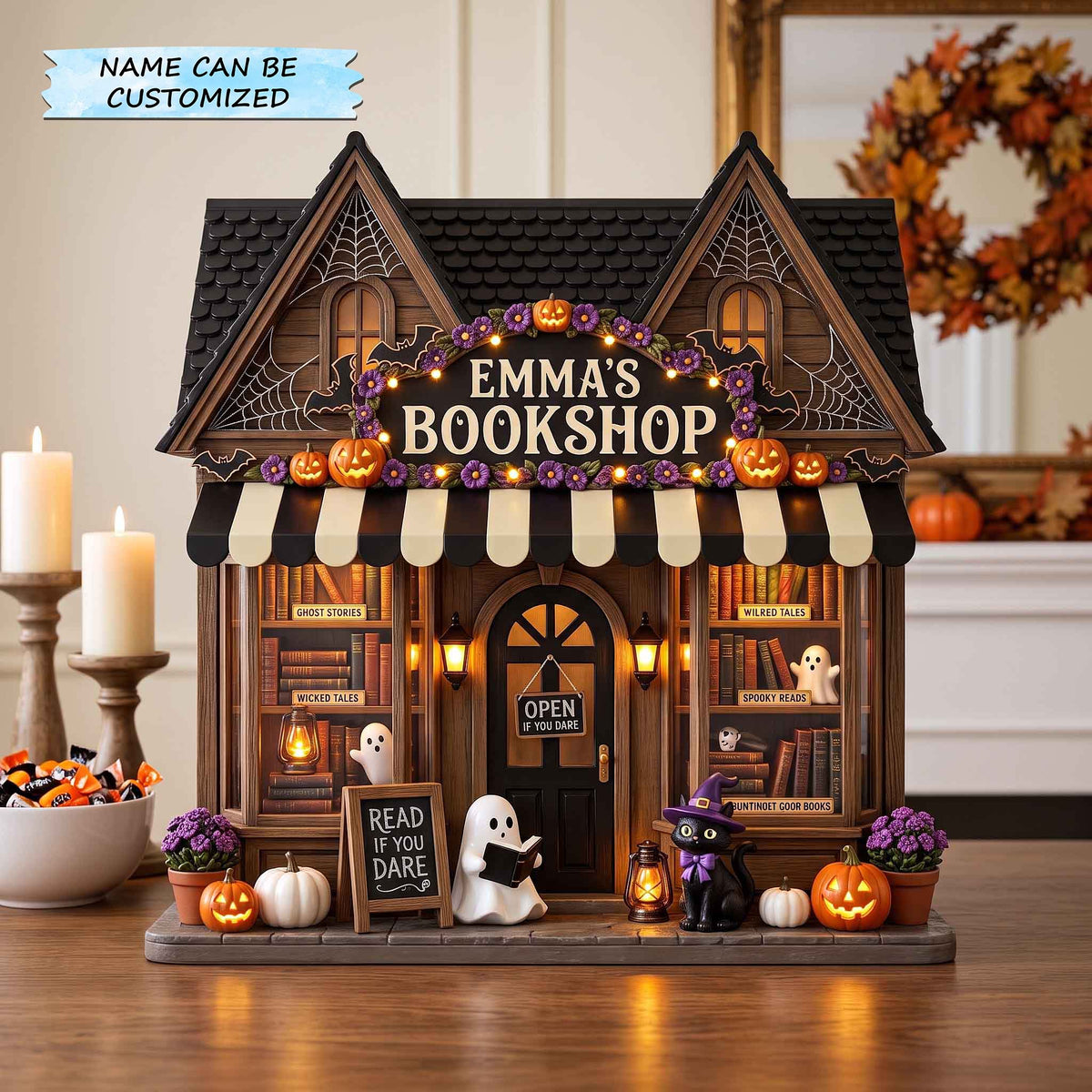 Halloween Bookshop Storefront wooden block, laser-cut 3-layer wood