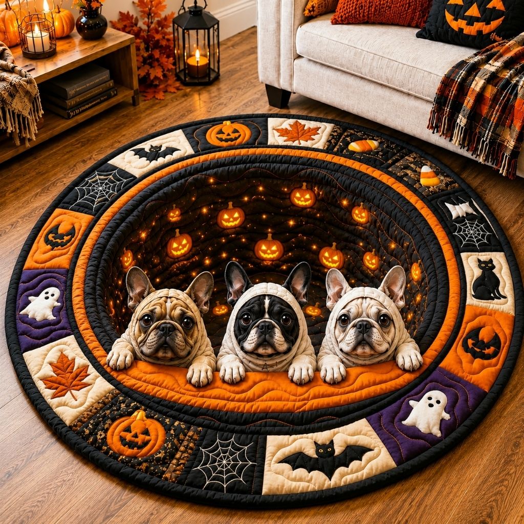 Halloween Bulldog Boo Round Mat Rug - Seasonal Design | Festive Home Decor - washable non-slip printed rug