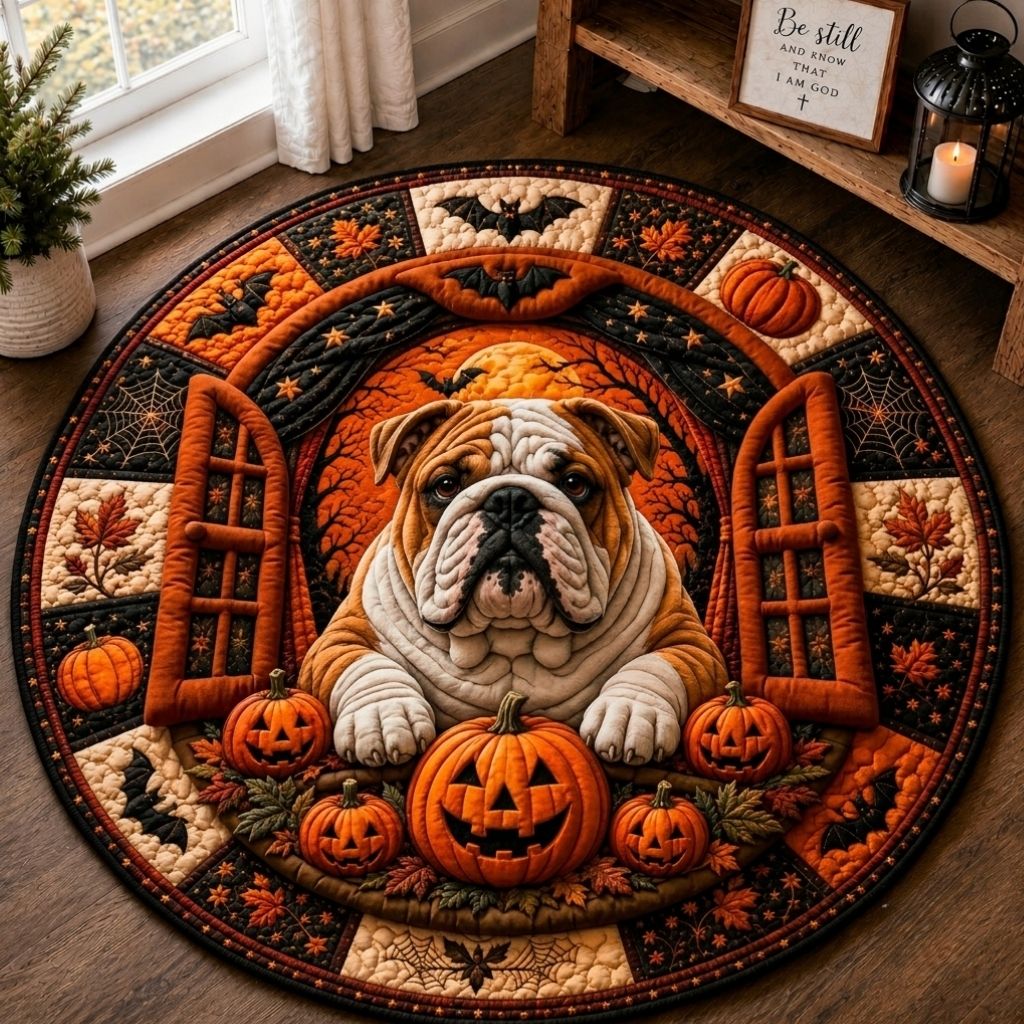 Halloween Bulldog Night Round Mat Rug - Seasonal Design | Festive Home Decor - washable non-slip printed rug
