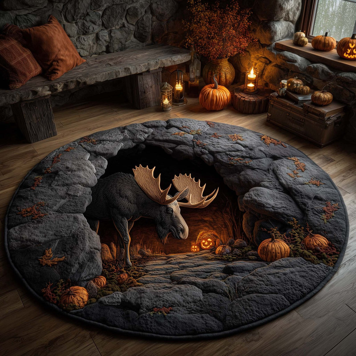 Halloween Cave Moose Round Mat Rug - washable non-slip printed rug