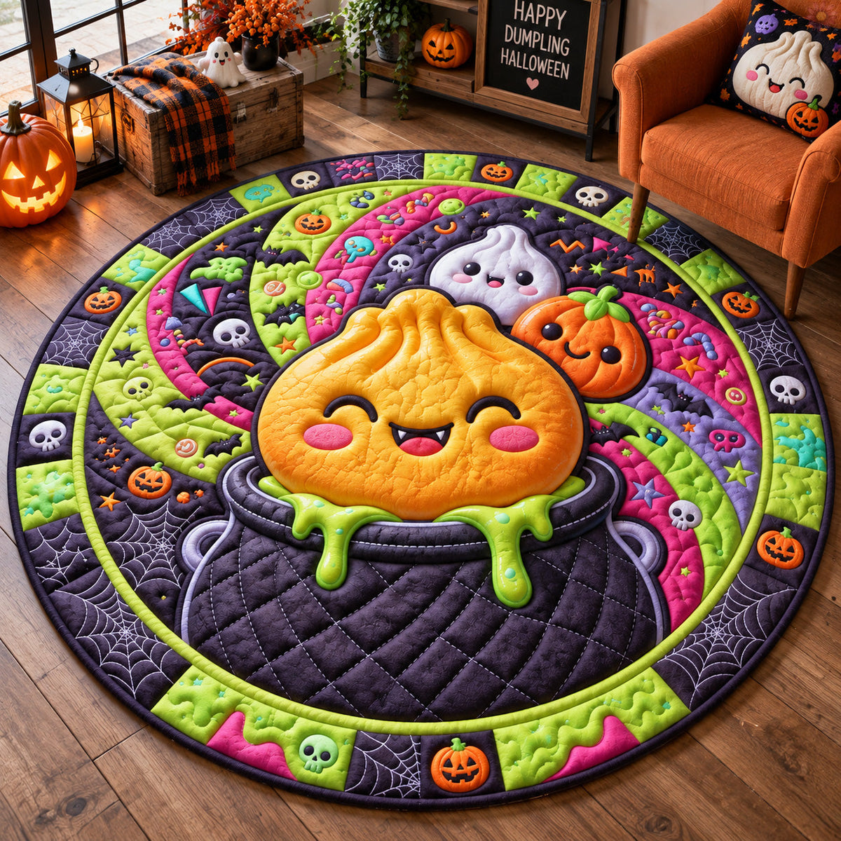 Halloween Dumpling Round Mat Rug - Seasonal Design | Festive Home Decor - washable non-slip printed rug