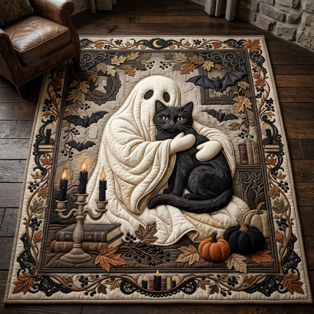 Halloween Ghost And Black Cat area rug in a living room