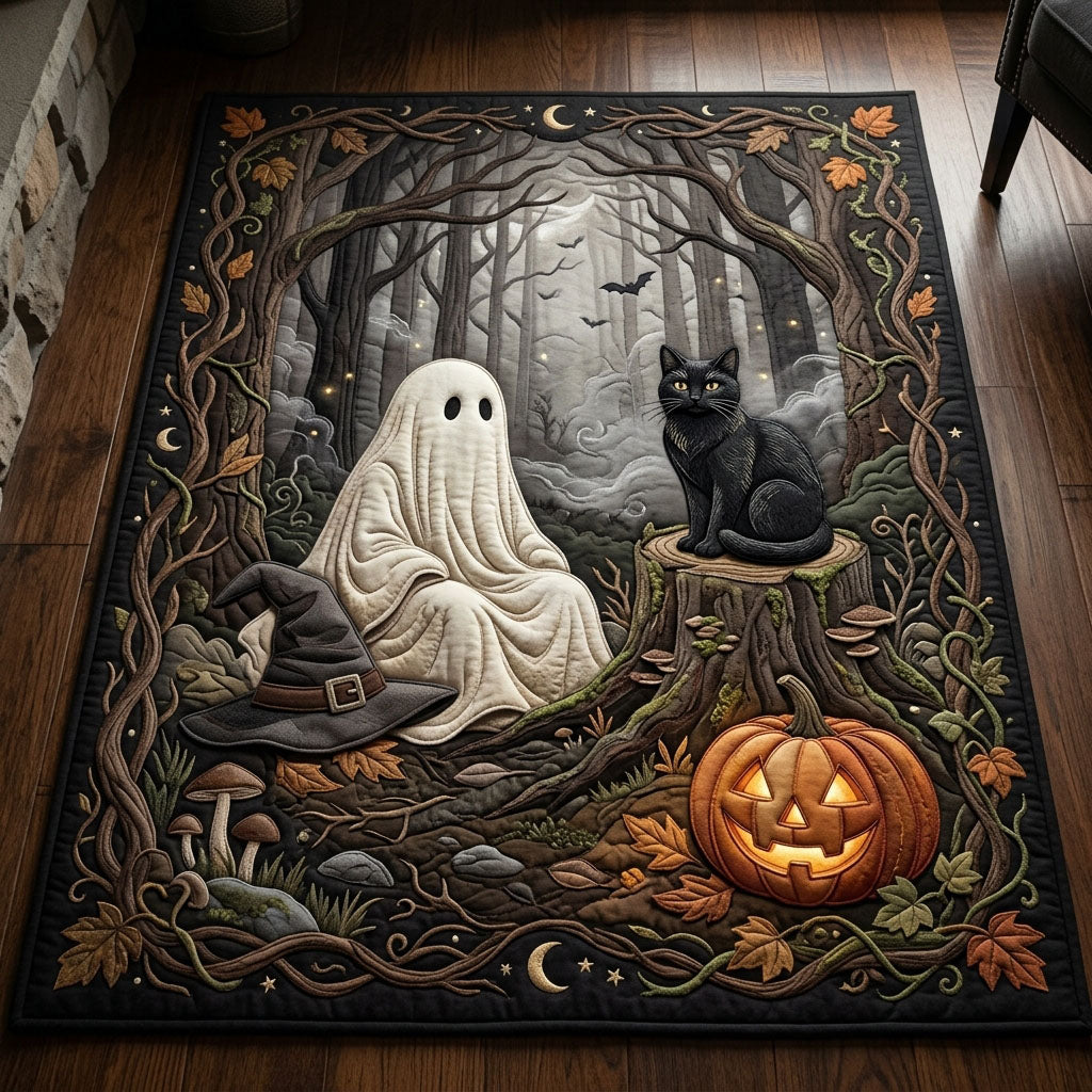 Halloween Ghost And Black Cat area rug in a living room