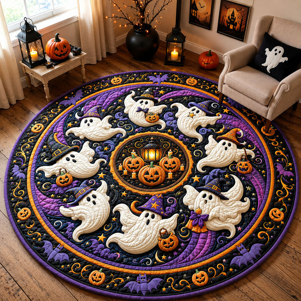 Halloween Ghost Circle Round Mat Rug - Seasonal Design | Festive Home Decor - washable non-slip printed rug