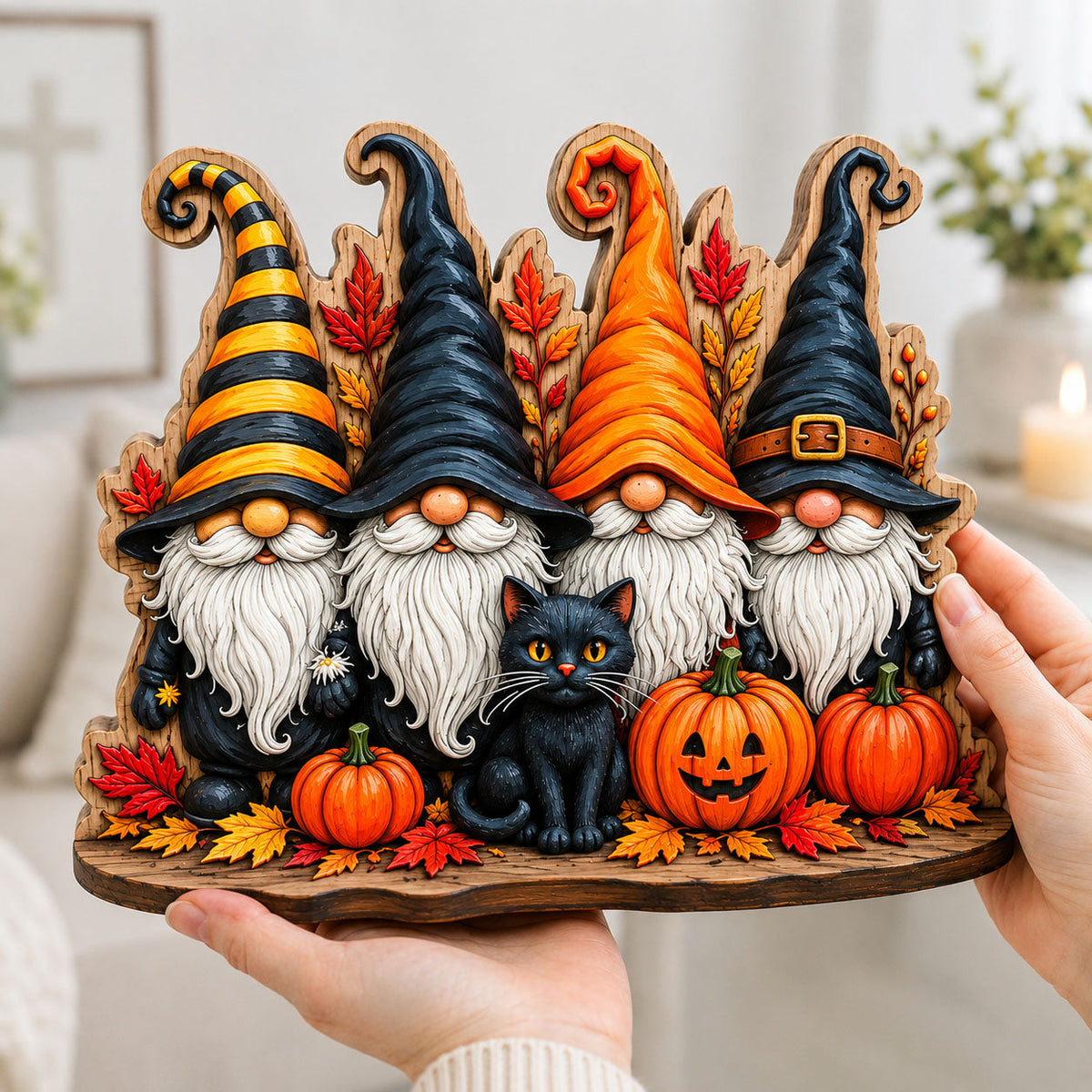 Halloween Gnome Family wooden block, laser-cut 3-layer wood