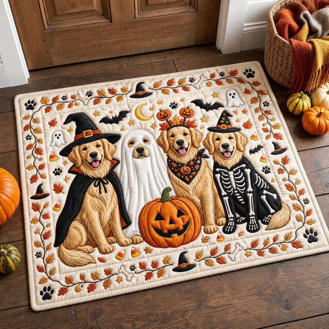Halloween Golden Retriever Doormat - Seasonal Holiday Design | Printed Welcome Doormat