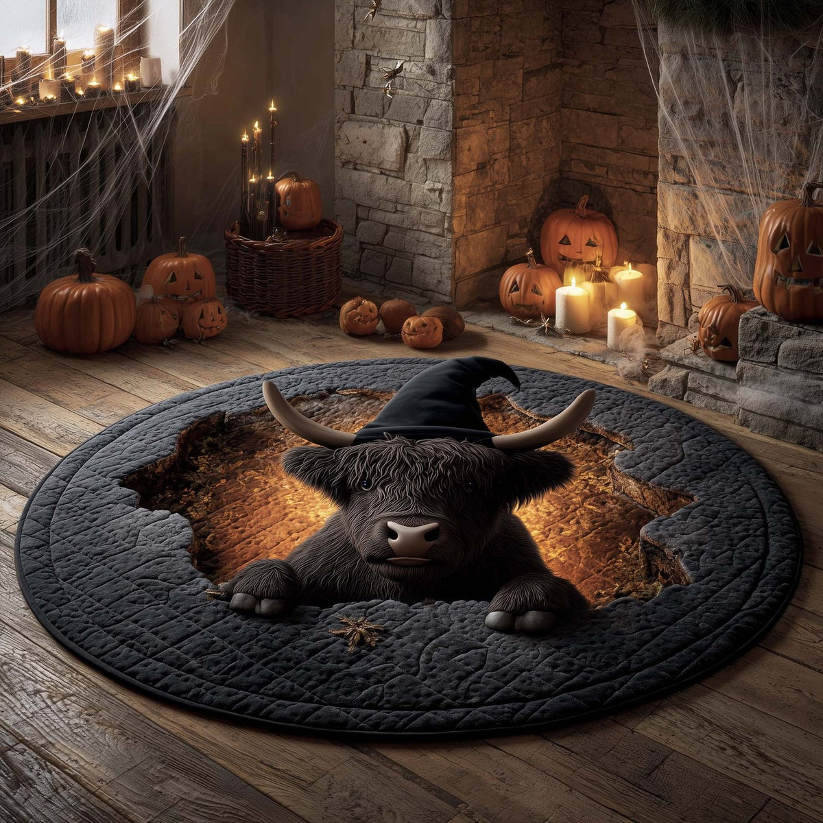 Halloween Highland Cow Round Mat Rug - washable non-slip printed rug