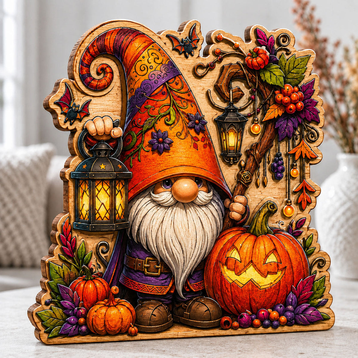 Halloween Lantern Gnome wooden block, laser-cut 3-layer wood