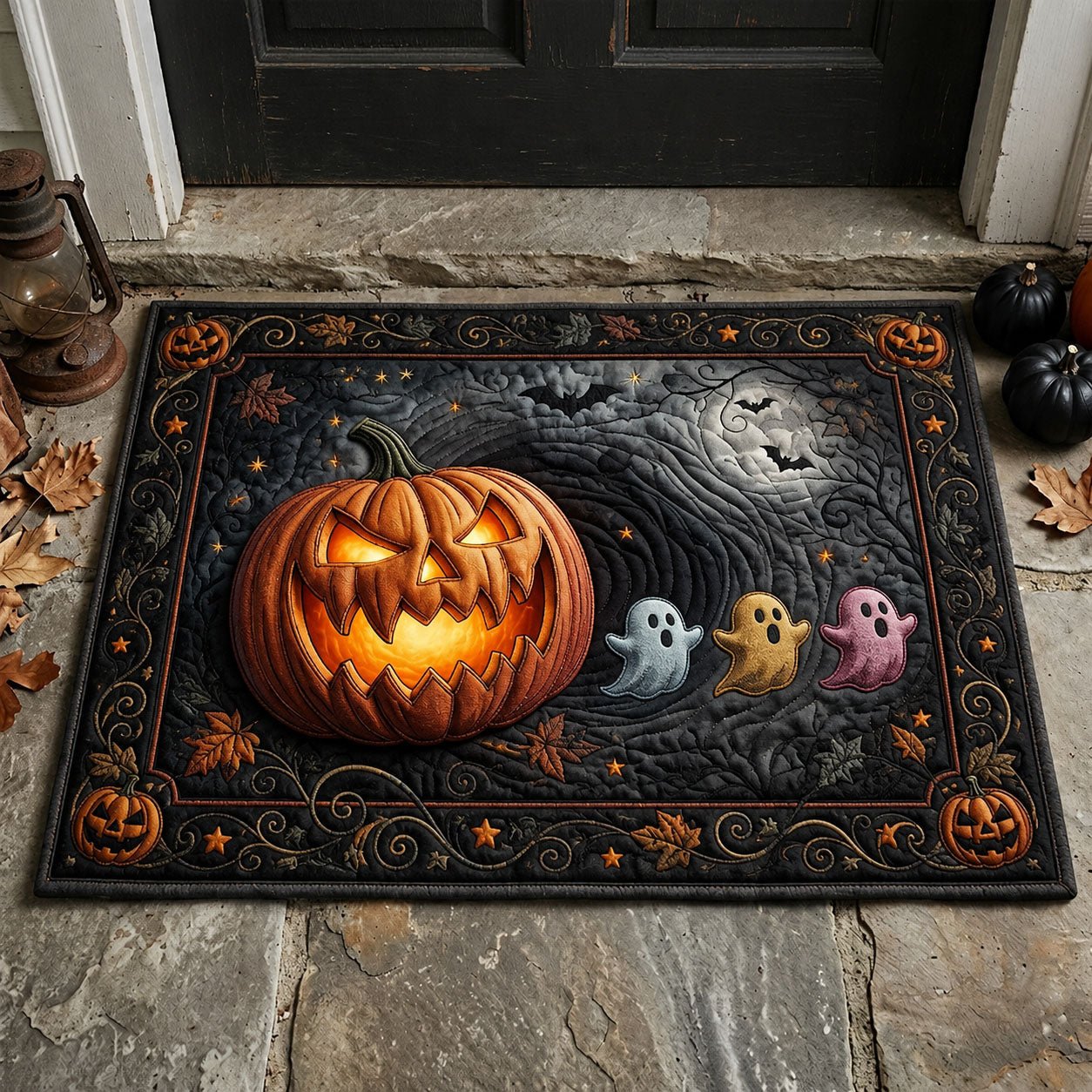 Halloween Pumpkin Chasing Ghost Doormat - Seasonal Holiday Design | Printed Welcome Doormat