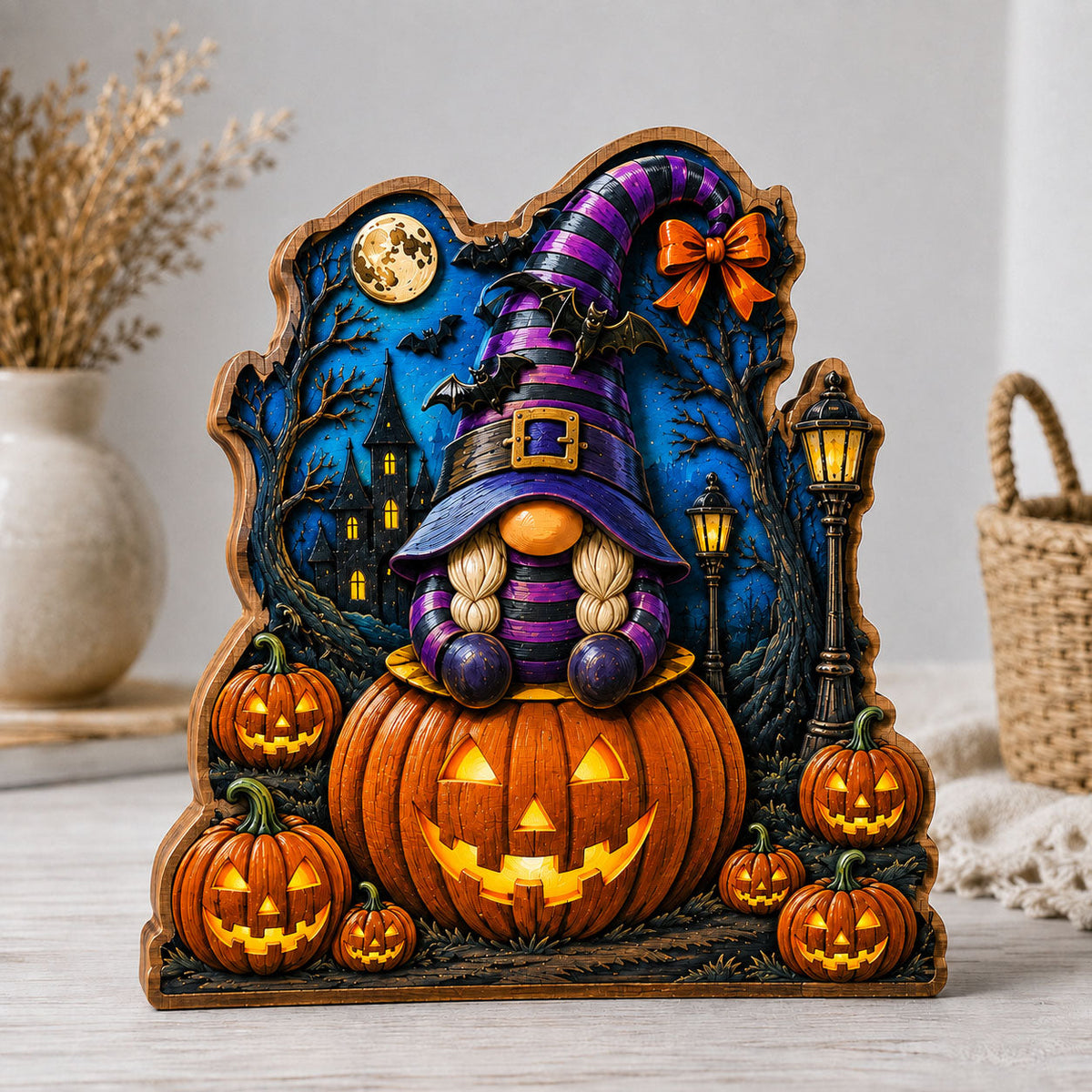 Halloween Pumpkin Gnome wooden block, laser-cut 3-layer wood