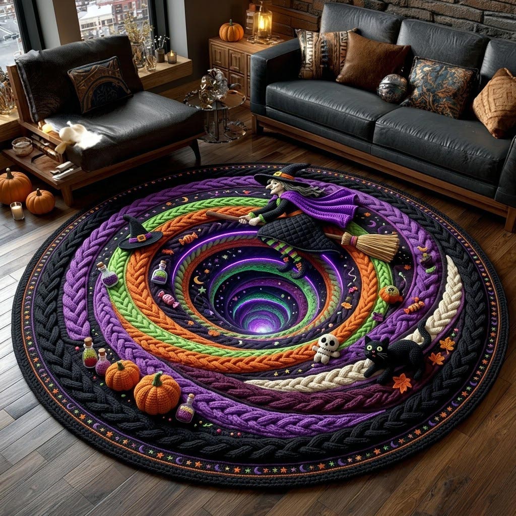 Halloween Spiral Round Mat Rug - Seasonal Design | Festive Home Decor - washable non-slip printed rug