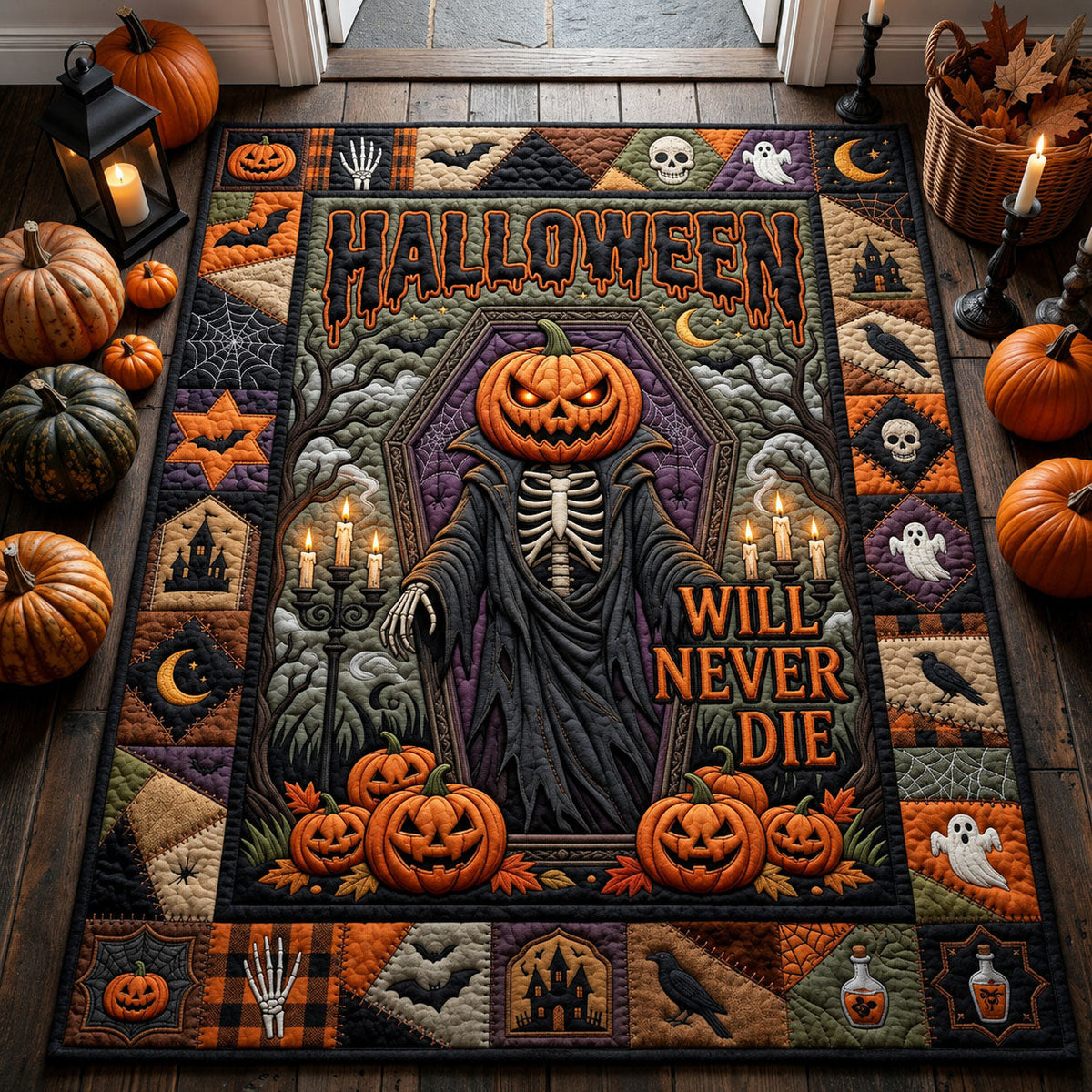 Halloween Will Never Die area rug in a living room