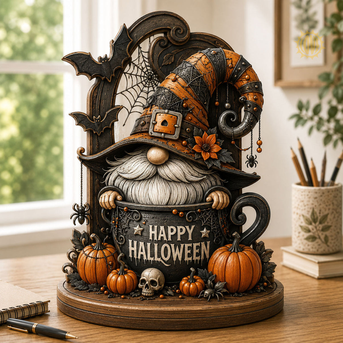 Halloween Witch Gnome wooden block, laser-cut 3-layer wood