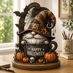 Halloween Witch Gnome wooden block, laser-cut 3-layer wood