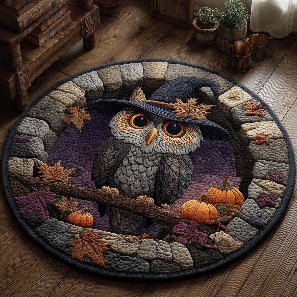 Halloween Witch Owl Round Mat Rug - Cute Pet Design | Animal Printed Home Decor