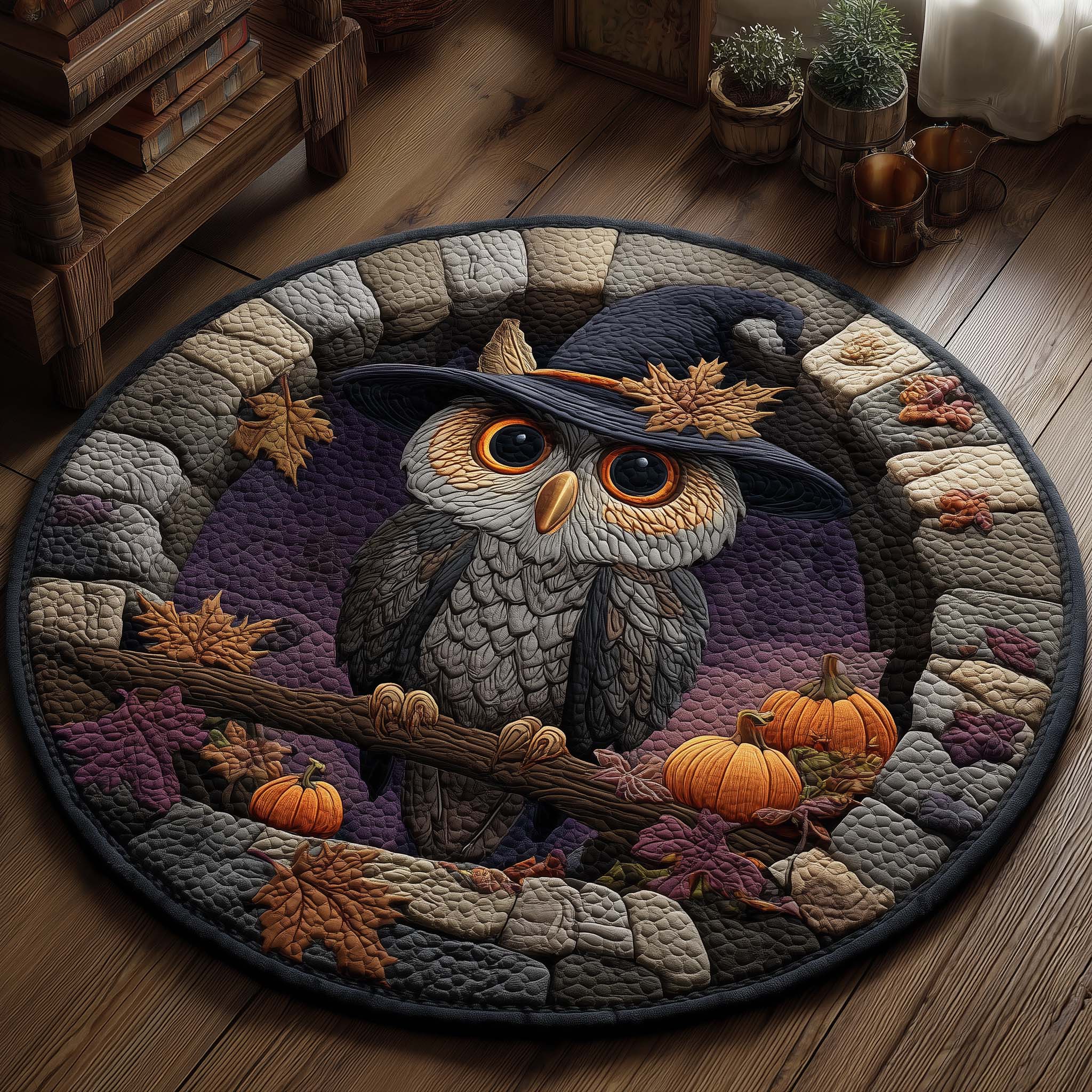 Halloween Witch Owl Round Mat Rug