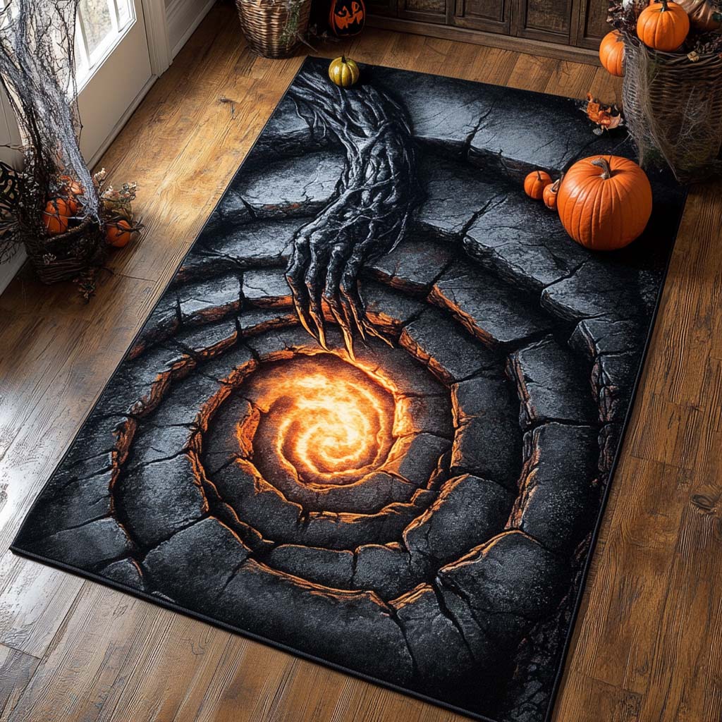 Hands of Hellfire area rug in a living room