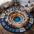 Hanukkah Courtyard Round Mat Rug - Seasonal Design | Festive Home Decor - washable non-slip printed rug