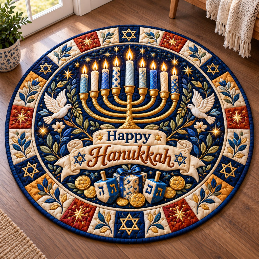 Hanukkah Festival Lights Round Mat Rug - Seasonal Design | Festive Home Decor - washable non-slip printed rug